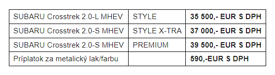 Cenník Crosstrek